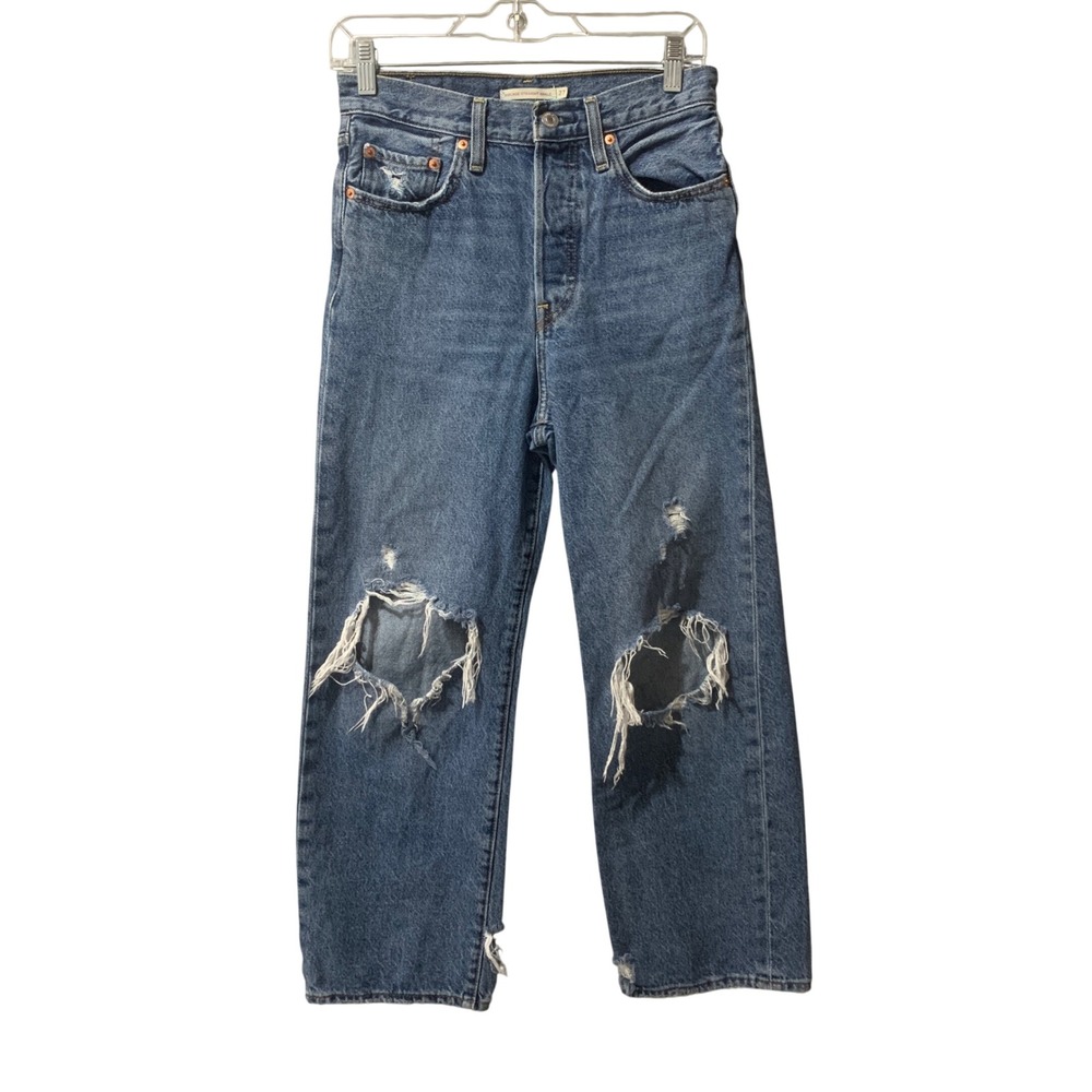 Levis Ribcage Straight Ankle Distressed Jeans 27 Blue High Rise Button Fly